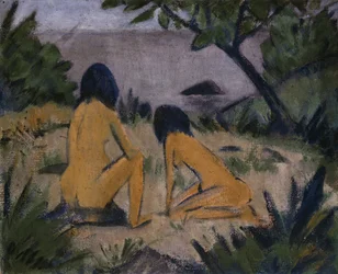 Sitzende und kniende Figuren am Ufer der Moritzburger Seen
